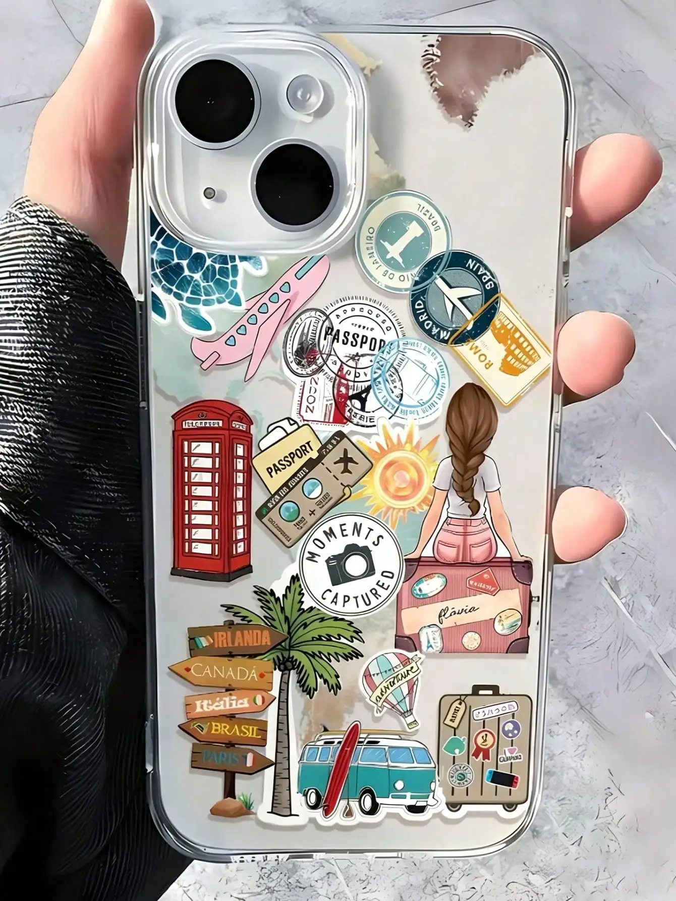 

1pc Fashionable Travel Element Collage Pattern Transparent TPU Full Body Shockproof Phone Case Compatible For IPhone 17/16/15/14/13/12/11/Plus/Pro/Pro Max/17 Air And Galaxy S26/S25/S24 Plus/S23/S22/S21 Ultra