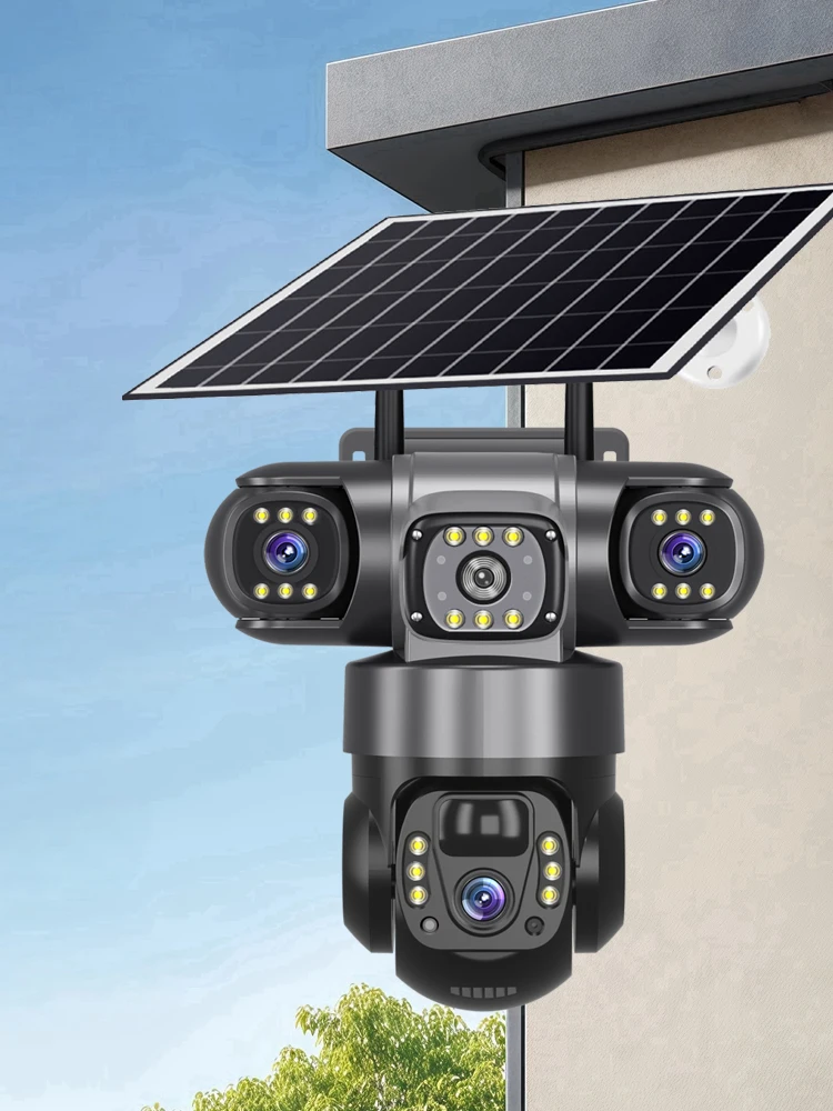 Kamera bezpieczeństwa solarna WiFi HD 15MP z 3 obiektywami, 3 ekranami, V380 Pro, 10-krotnym zoomem, noktowizją, wodoodporna, zewnętrzna, z detekcją ludzi PIR, CCTV, obrót poziomy i pionowy 355 — 2