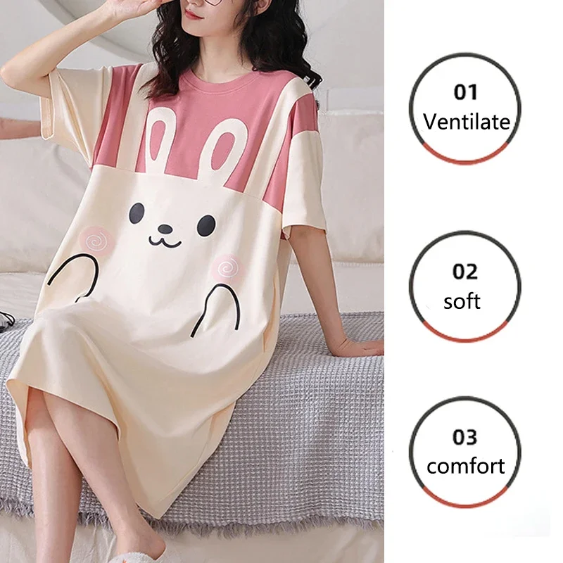 Women Large Size Pajamas Short-Sleeved Nightgown Cartoon Bear Xl Long Girl Robe Rabbitlong Skirt Loungewear Sexy Nightwear Dress