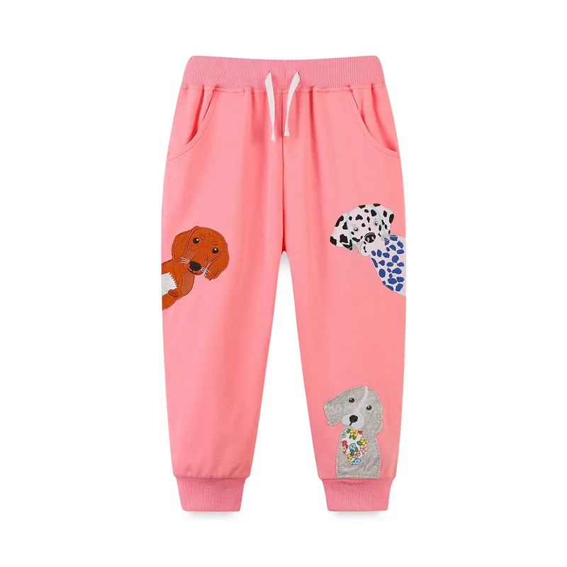 Jumping Meters 2-7T Girls Sweatpants Dogs Applique Children\'s Clothing Full Length Drawstring Animals Embroidery Baby Trousers