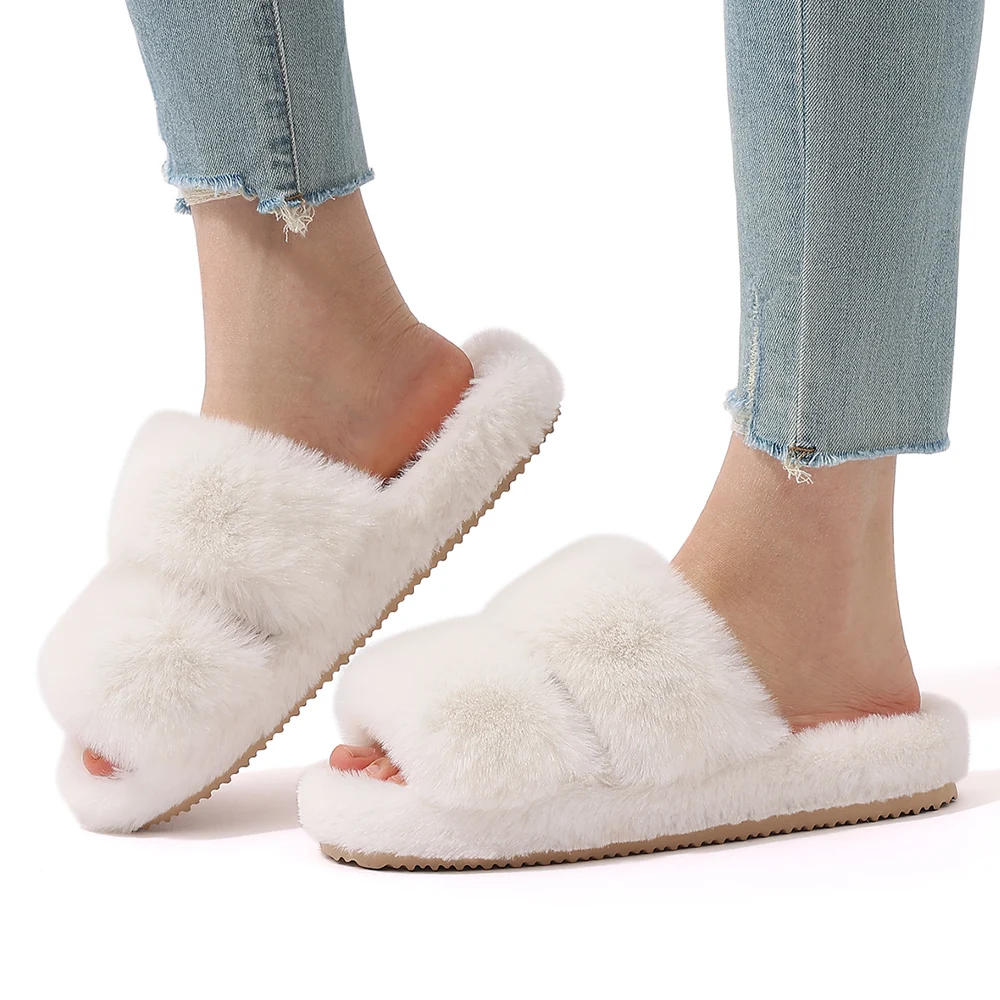 Litfun, zapatillas mullidas de invierno para mujer, zapatillas de plataforma de felpa con punta abierta, chanclas planas de piel para interiores, zapatos de casa peludos para mujer 2024