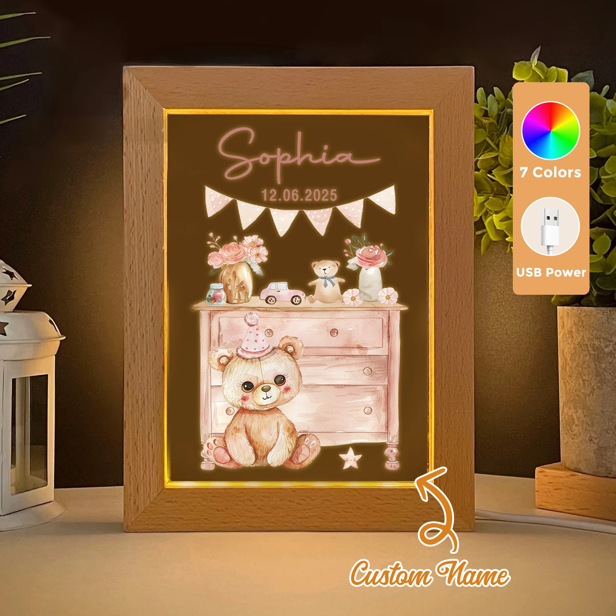 

2D Flat Custom Name Pink Cartoon Teddy Bear LED Acrylic Night Light Wood Photo Frame 21x17cm Child Bedroom Gifts Home Decor