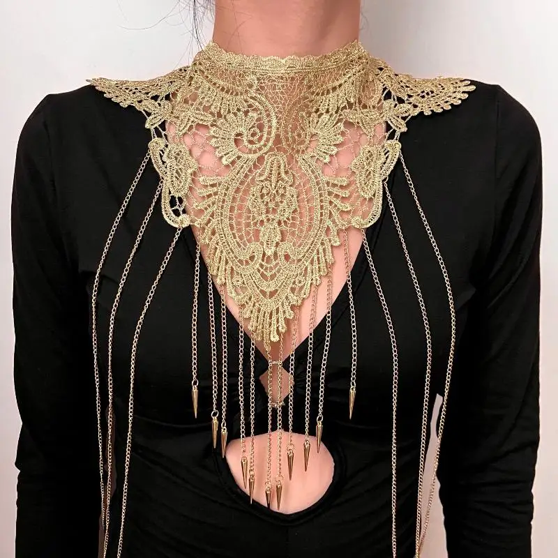 Collar de borla de moda multicapa con adorno de encaje dorado para mujer, cadena para el cuerpo, accesorio de joyería, joyería elegante de moda