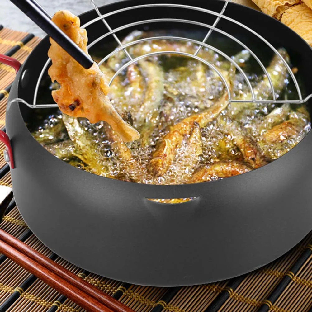 Freidora de aceite de gran capacidad de 22Cm, olla para freír de hierro, mango fresco, estante desmontable para estufa eléctrica de inducción de Gas, color negro