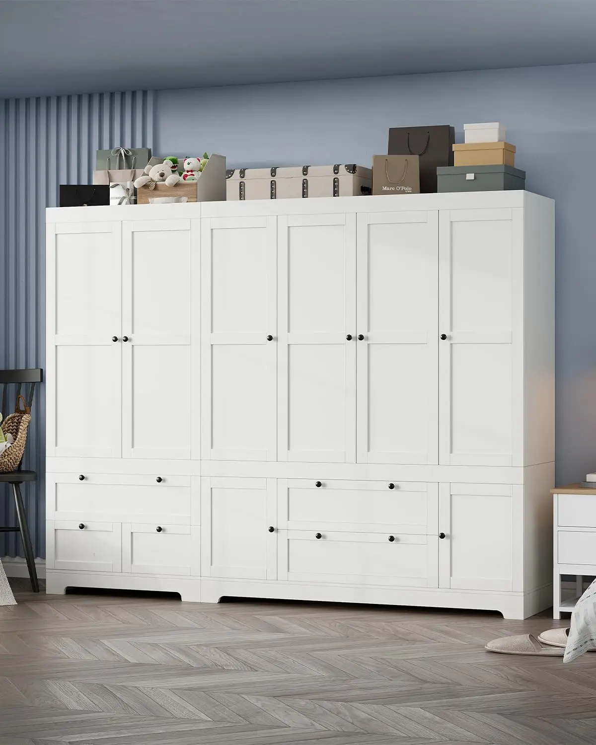 

6 Doors 5 Drawers Storage Cabinet Large Modular Closet Systems Wardrobe with Shelves Hanging Space, 91" L Wooden Armoire Closet