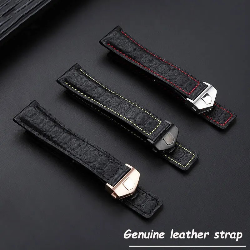 Cinturino in vera pelle da 22mm per TAG Heuer /Carlisla serie di catena per orologi con fibbia pieghevole in pelle bovina da uomo nera