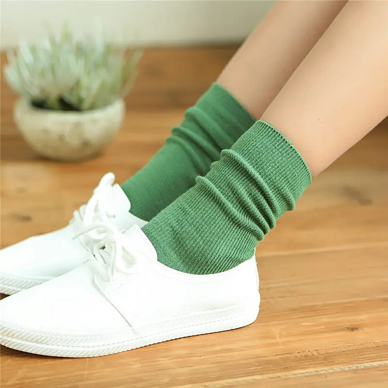 Cotton Socks Japanese-Style Retro Double Needle Bunching Socks Ladies Autumn and Winter Solid Color Tube Socks Knee Length Socks