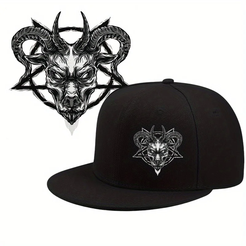 1pc Fashion Flat Brim Hip-Hop Cap, Satan And Goat Design Printed Baseball Cap, Cool Trendy Street Versatile Street Dance Hat
