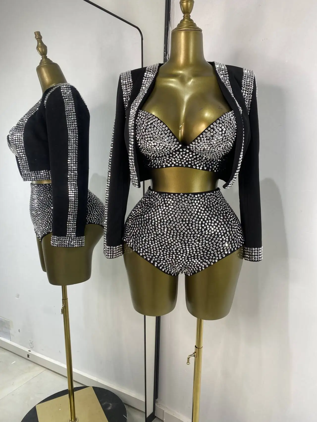 Women Black Party Outfits Rhinestones Bustier Mini Shorts And Jacket 3 Pieces Sets Special Occassion Nightbar Stage Costumes