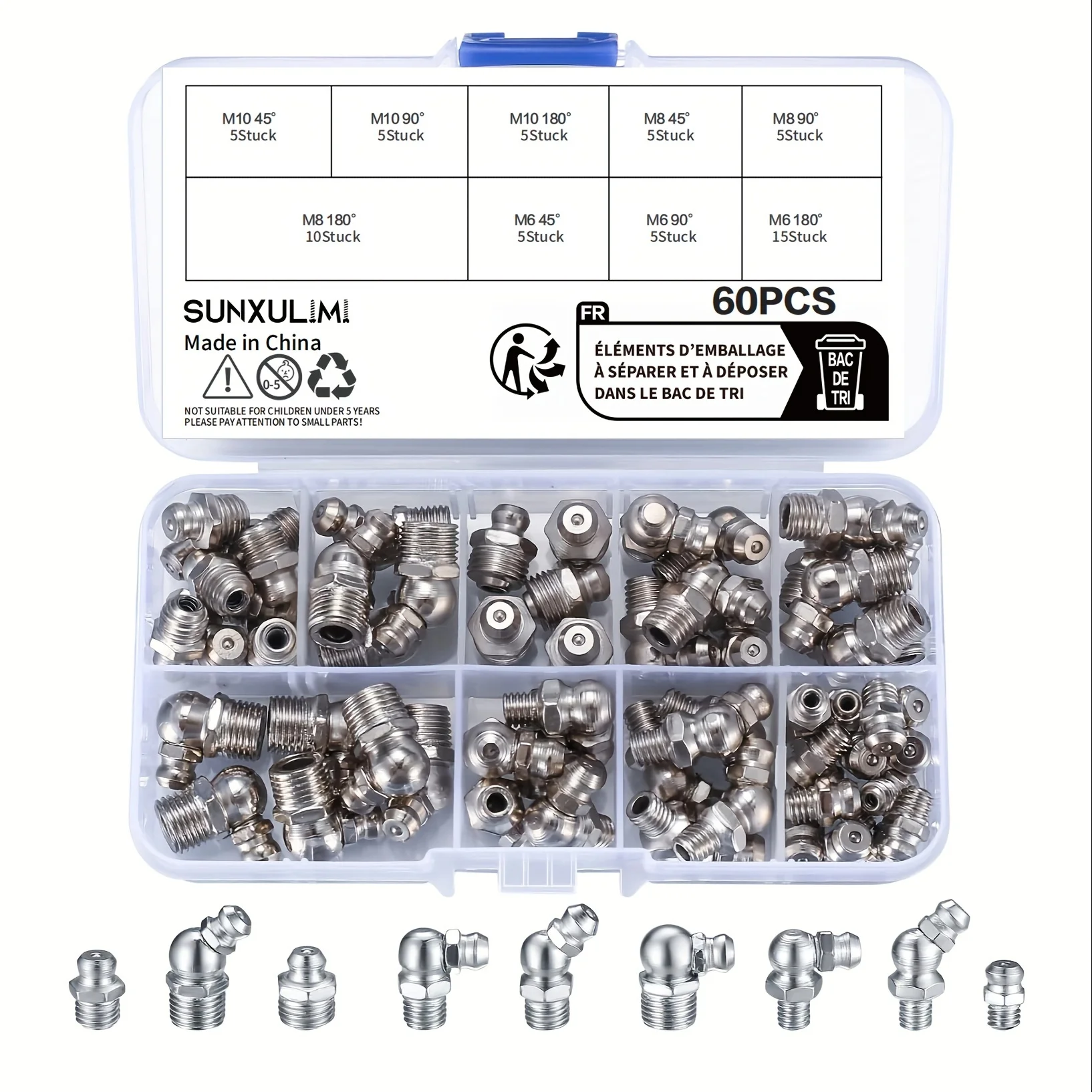 60 pieces of metric grease refueling nozzle kit, straight and angular grease refueling nozzle kit, M6 M8 M10 180 45 90 degree