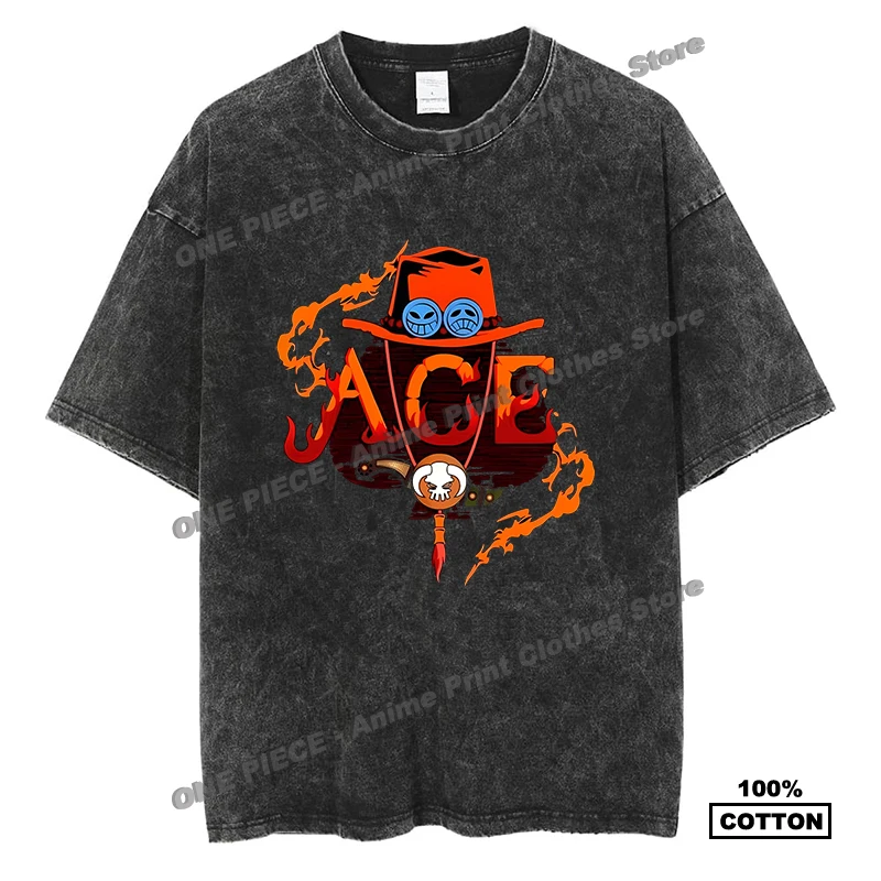 

Japanese Anime One Piece - ACE Print T-shirt Quality Cotton Washed Vintage Loose Short Sleeve For Fashion Men Women Casual Tees