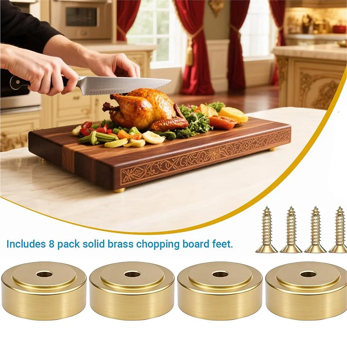 8 Pack Brass Cutting Board Feet with Non Slip Pads,Rubber Feet for Cutting Board,1 Inch Rubber Feet Solid Brass
