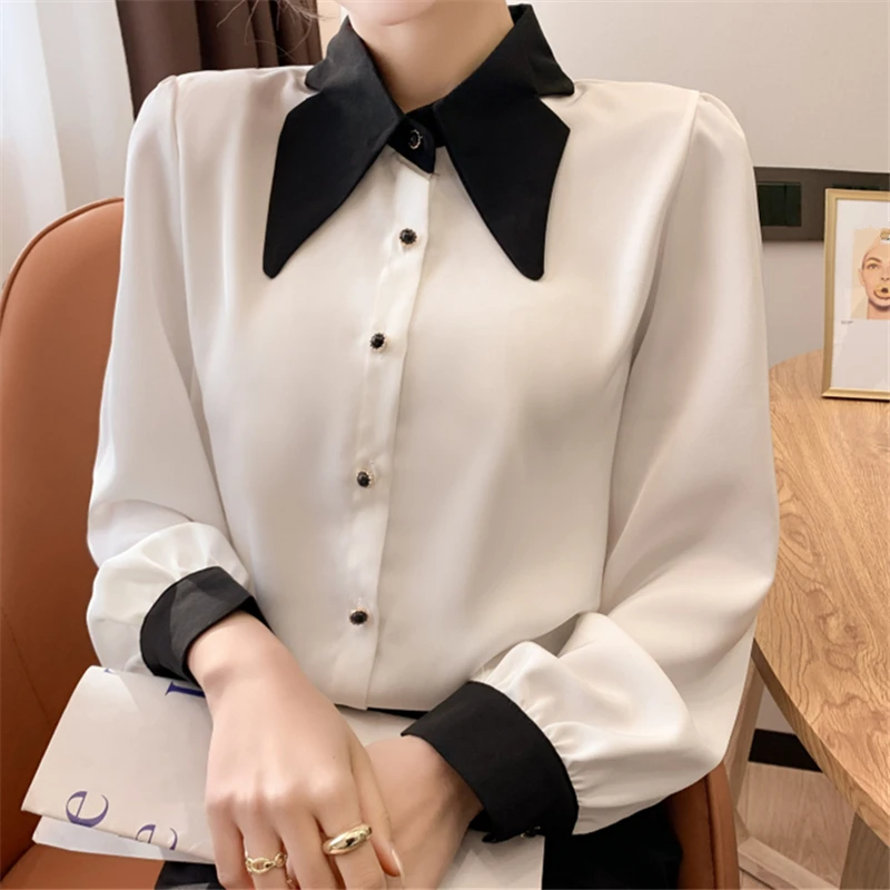 

Autumn Korean Style Women's Blouse 2023 New Chiffon Elegant Long Sleeve Turn-down Collar Casual Loose Office Shirts Tops Female