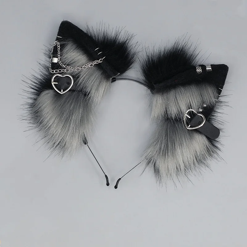 Nette Pelzige Katze Ohren Haar Hoop Frauen Mädchen Lolita Schöne Stirnband Plüsch Fuchs Ohr Metall Kette Liebe Herz Haarband Cosplay Requisiten