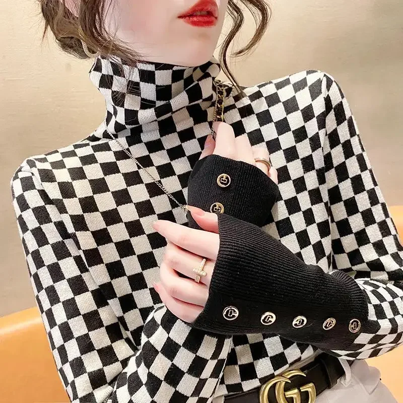 Korean Style Checkerboard Knitted Sweater Pullover Women's Inner Wear 2024 New Autumn New Fashion Slim Fit Versatile Top