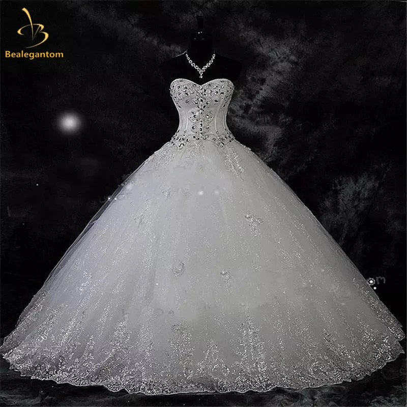 Bealegantom White Lace Wedding Dresses Sweetheart Appliques Beaded Crystal Lace Up Bridal Gowns Robe De Mariage QA136