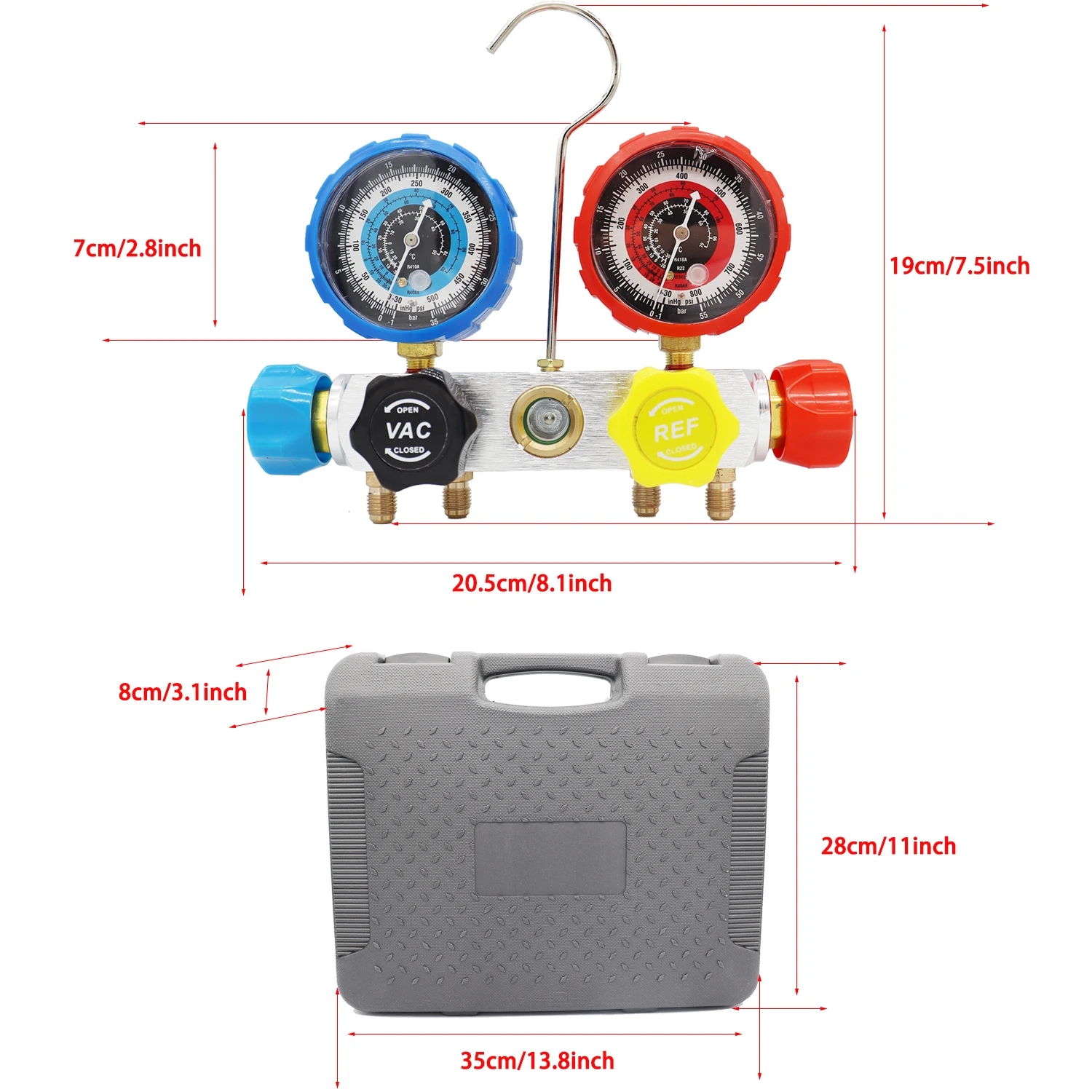 The 4-way manifold pressure gauge set is ideal for automotive AC refrigerant charging R134A R410A air conditioning measurement