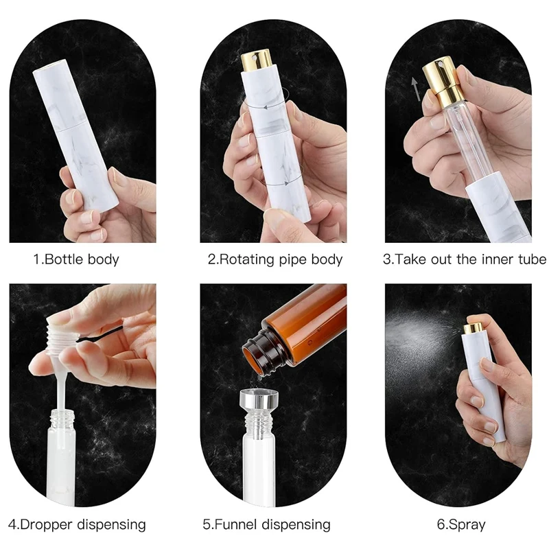 مجموعة واحدة من 3 زجاجات رذاذ عطر دوارة 10 مل منقوشة رخامية، زجاجات رذاذ كولونيا فارغة صغيرة قابلة لإعادة الملء بحجم السفر، زجاجات رذاذ محمولة للرجال والنساء