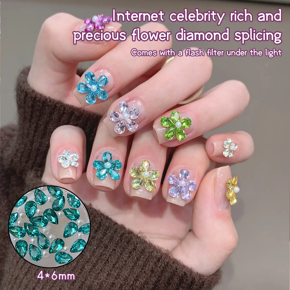 1 Box Fünfblättrige Blumen-Mini-Tropfenform, gemischte Strass-Nagelkunst-Dekoration, 20 tropfenförmige Steine, inklusive Perlen, 12 Farben
