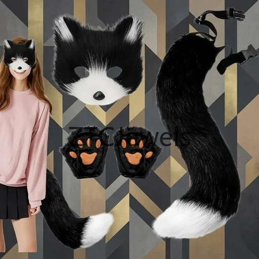 Faux Fur Fox Mask and Tail Set with Paw Gloves Fluffy Halloween Cosplay Costume for Fancy Dress Party