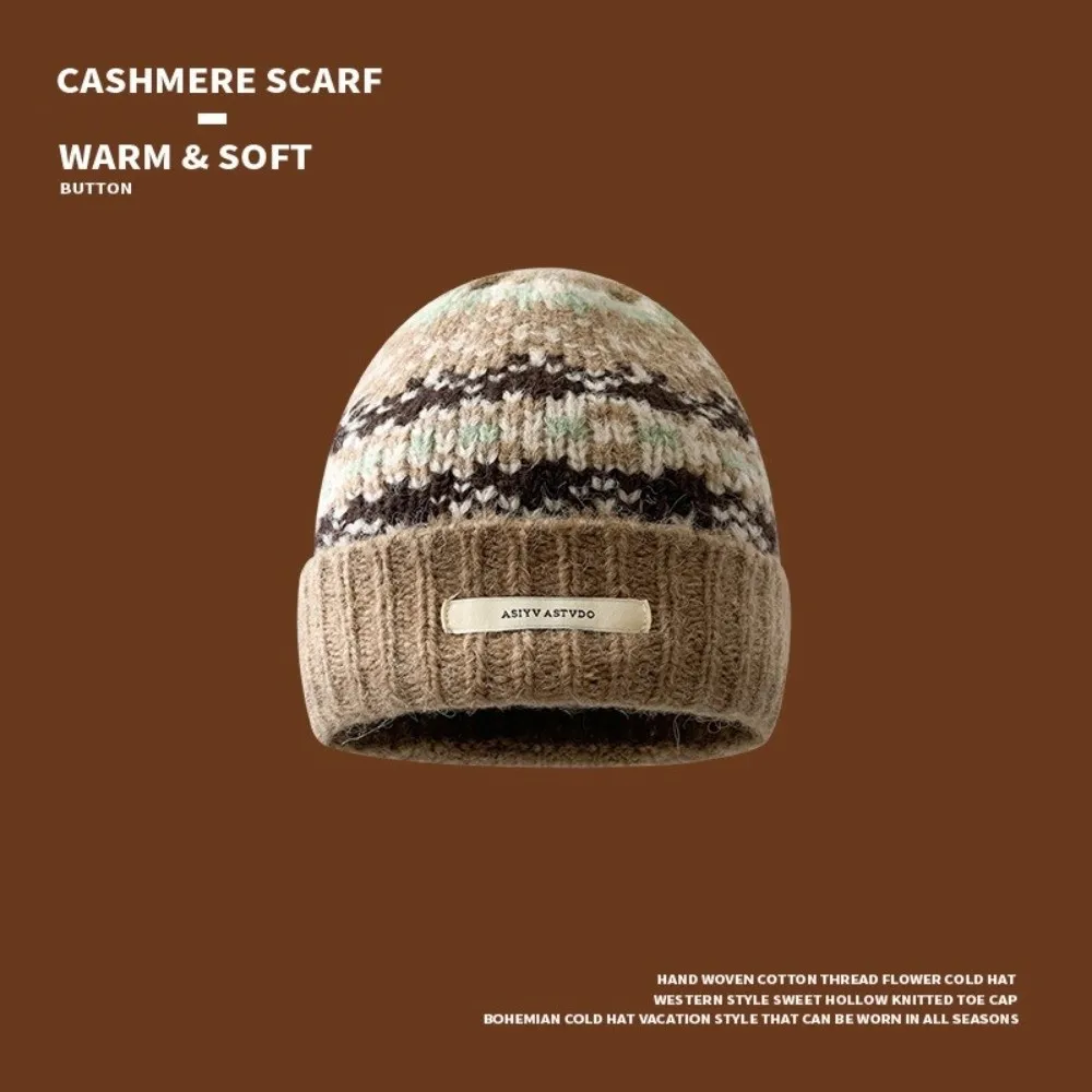 Solid Color Knitted Winter Hat Soft Knitted Color Contrasting Casual Beanies Retro Jacquard Cold Resistant Hip-hop Bonnet