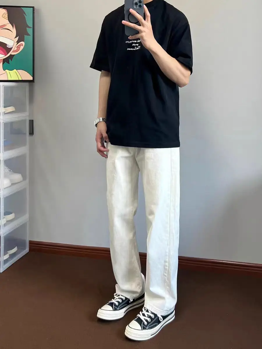 

American Vibe High Street Pure White Simple Commuter Jeans Men's Korean Version Handsome Slim Straight Casual Pants