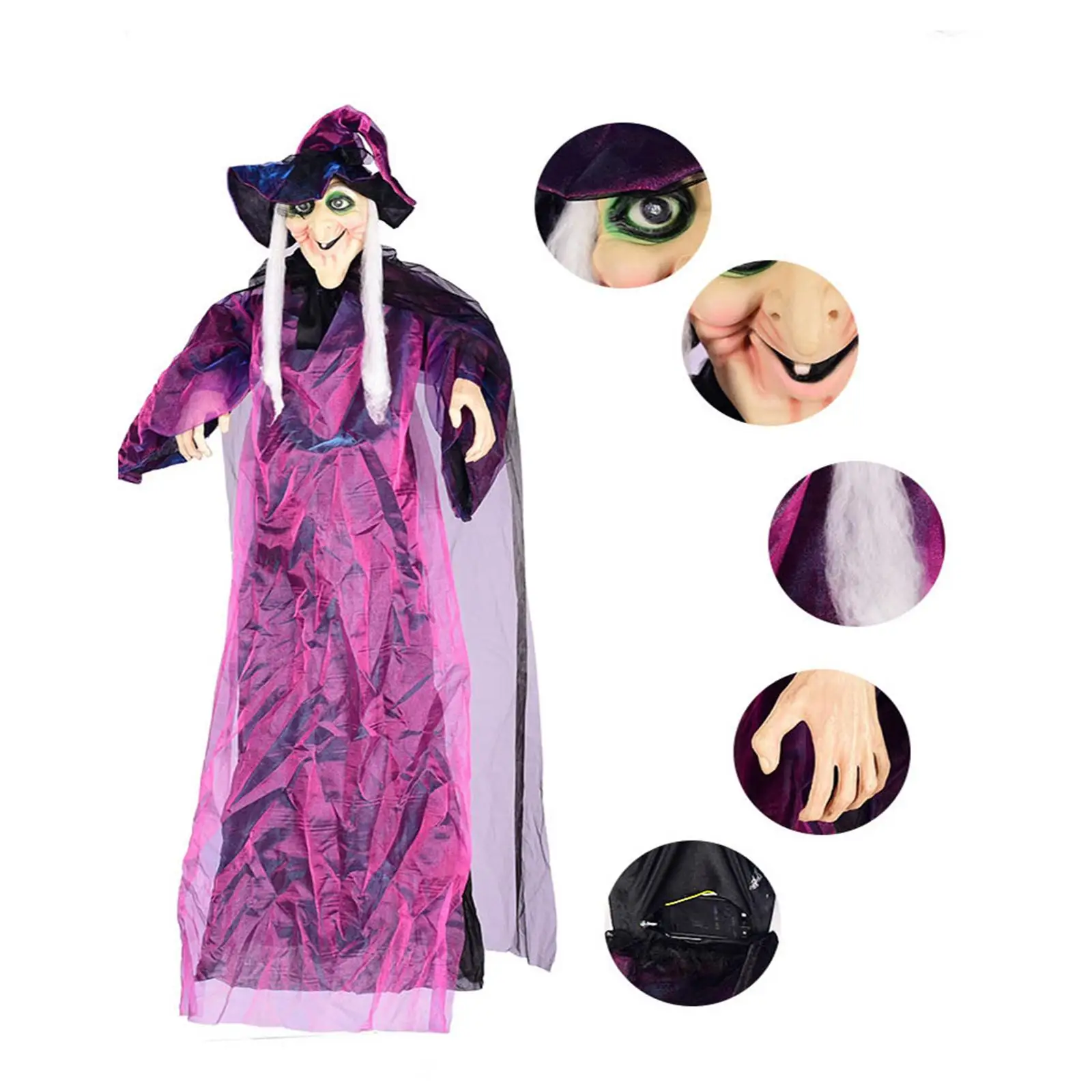 Halloween Decoration Exterior Cranium Style Talking Motion Sensor Witch Hanging Prop with Red Eyes Life Size for Home Patio