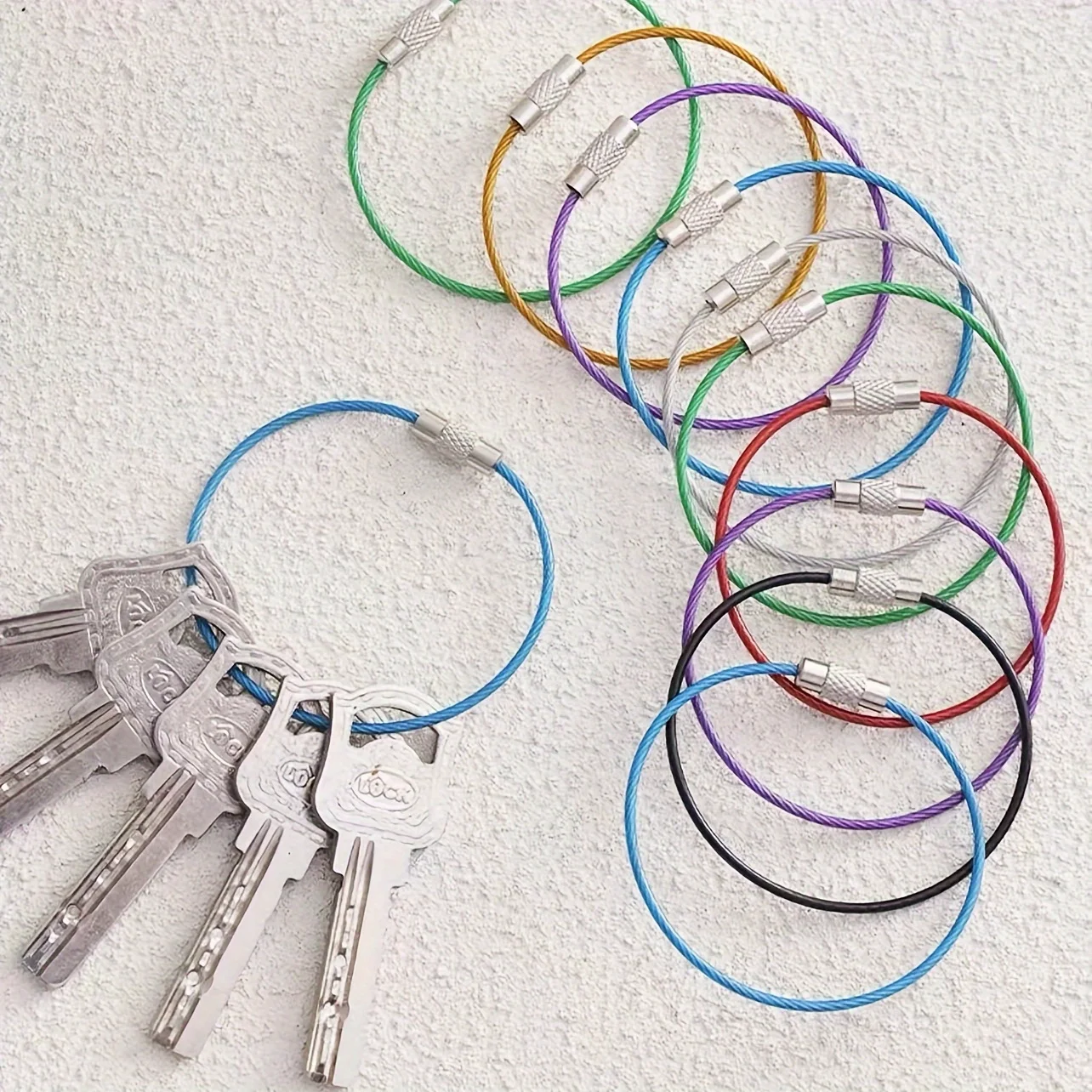 10pcs Mix Color Stainless Steel Wire Rope Screw Lock Ring, Key Ring Keychain Tag Holder Decoration