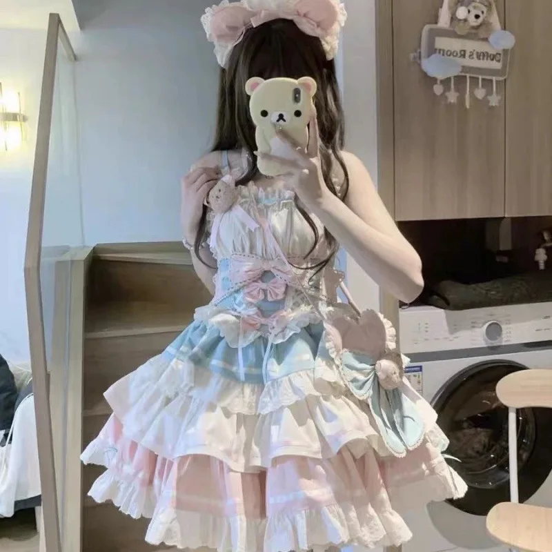2025년 신상 스위트 걸즈 로리타 드레스 여성 빈티지 Y2K 리본 러플 플라잉 슬리브 파티 프린세스 드레스 일본 요정 미니 드레스