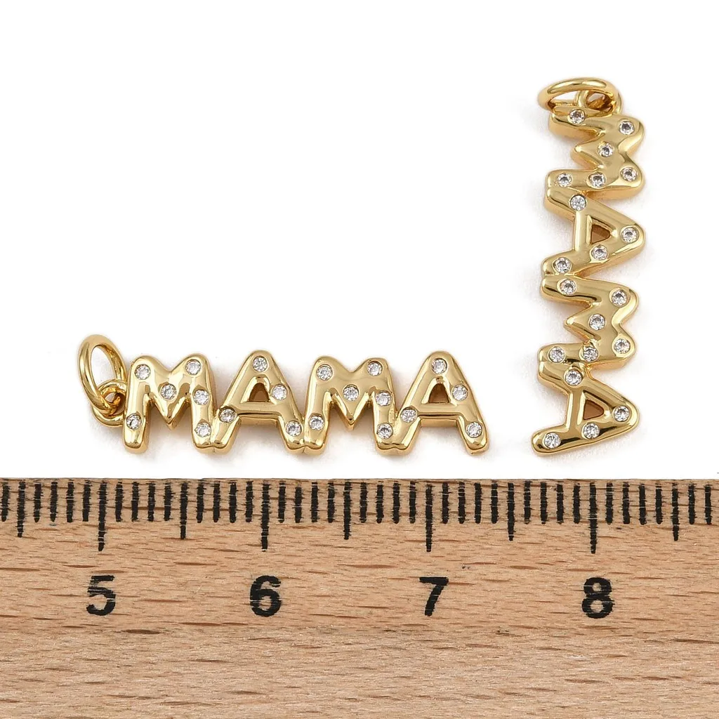 10pcs Golden Brass Micro Pave Cubic Zirconia Pendant Word MAMA Shape Charms with Jump Ring for Jewelry Making - view 3