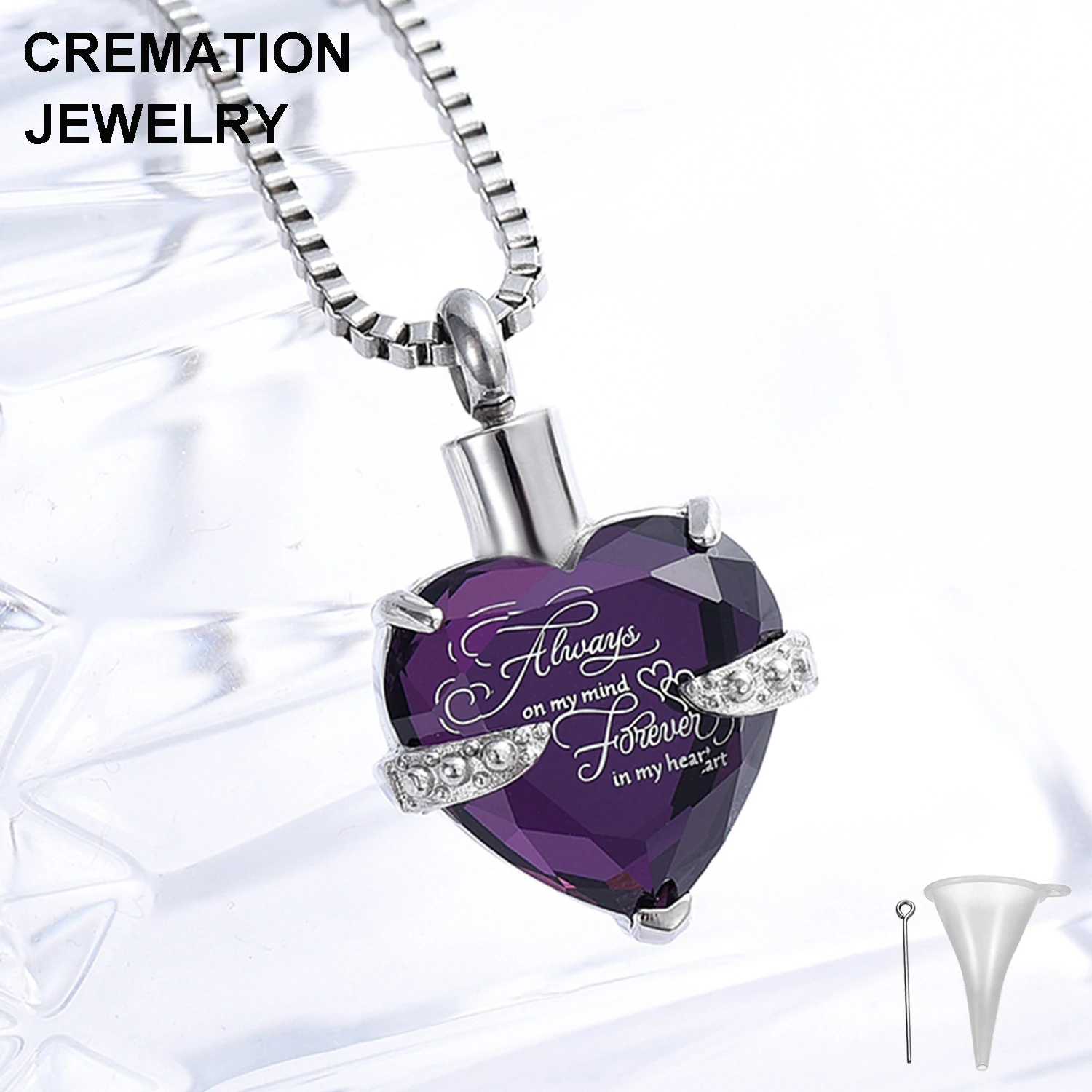 Wholesale Purple Crystal Love Heart Shape Cremation Pendant Necklace For Ashes Women Keepsake Forever in My Heart Urn Necklace