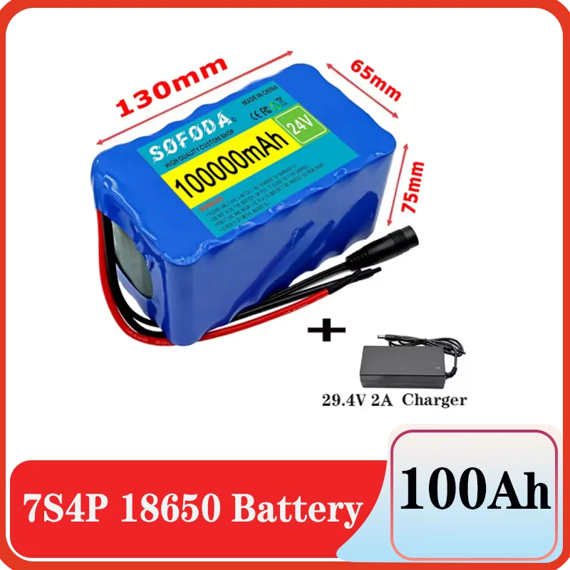 Batterie 24V 7S4P 18650 100Ah 100000mAh pour fauteuils roulants électriques batterie Lithium-ion Rechargeable + chargeur 29.4V