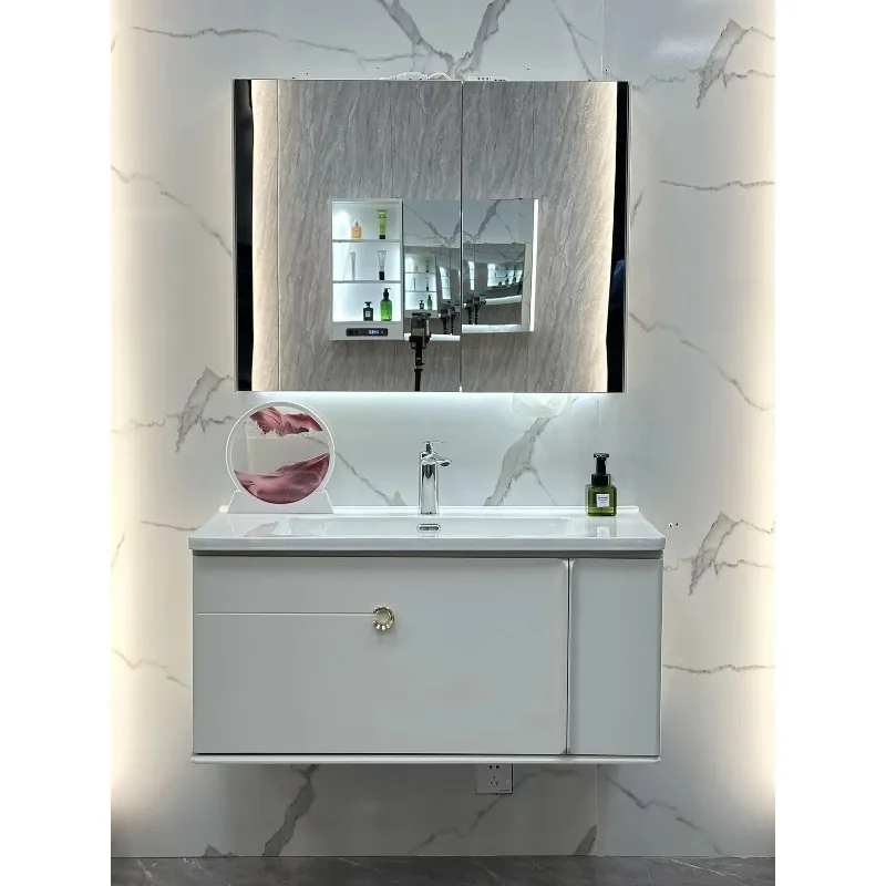 

Custom Modern Bathroom Wall Mounted Drawer Slate Cabinet Vanity Light Emitting Diode Mirror Set