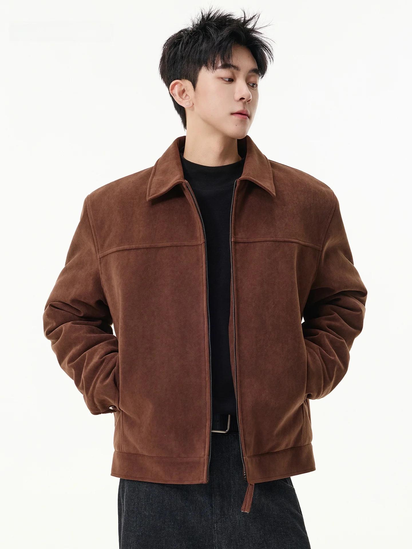 

Thiened Suede Jaet Men's ort Sle Warm Cotton Autumn Winter Faion Casual Outerwear Pure Color Zipper Closure