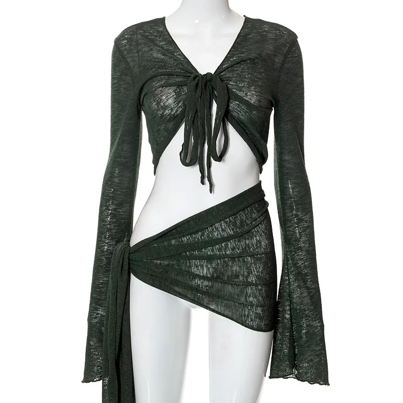 Mesh Tie Knot Tops Two Piece Skirt Sets 2025 Summer Women Luxury Sexy Elegant Club Beach Wear Mini Dress 2 Piece Set Outfit image 6