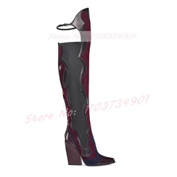 Mixed Colors Thigh High Boots Women Stretch Trim Back Zipper Pointy Toe Block High Heels Boots Lady Nightclub Fashion Punk Shoes