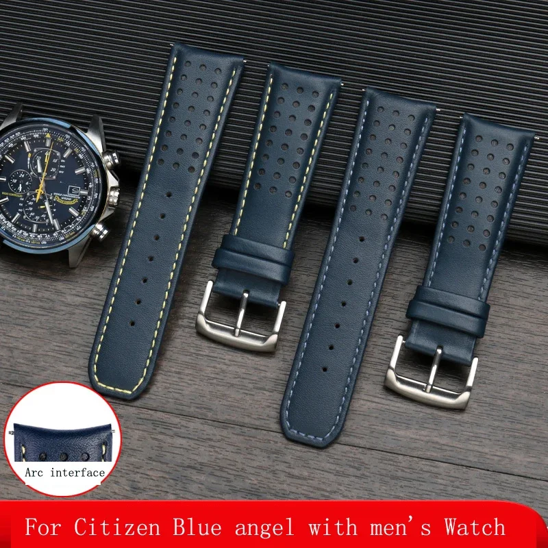 For CITIZEN Blue Angel Men Radio Wave Watch AT8020-54L/8020-03L/JY8078 curved end Genuine Leather Watchband Bracelet Strap 22 23