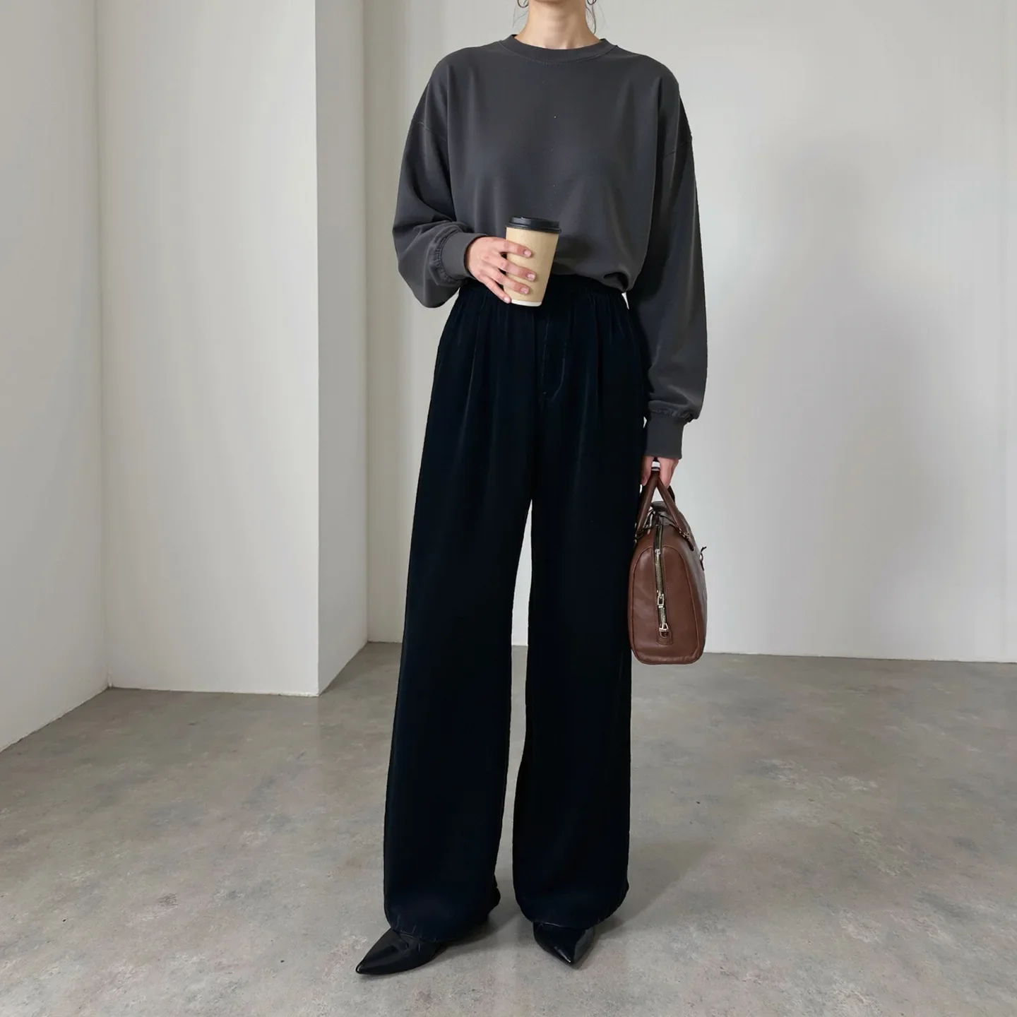 Spring 100% Mulberry Silk Velvet Wide-Leg Pants Women's Black Straight Work Pants, Flowy Draped Loose Casual Trousers New Arrive