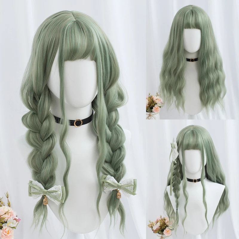 GAKA Synthetic Hair Green Long Curly Wigs With Bangs For Women Heat-Resistant Cosplay Wig