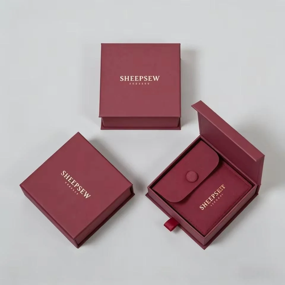 Custom Logo Microfiber Button Pouch Sliding Drawer & Magnetic Jewelry Box Foam Insert Luxury Gift Packaging Set Wholesale