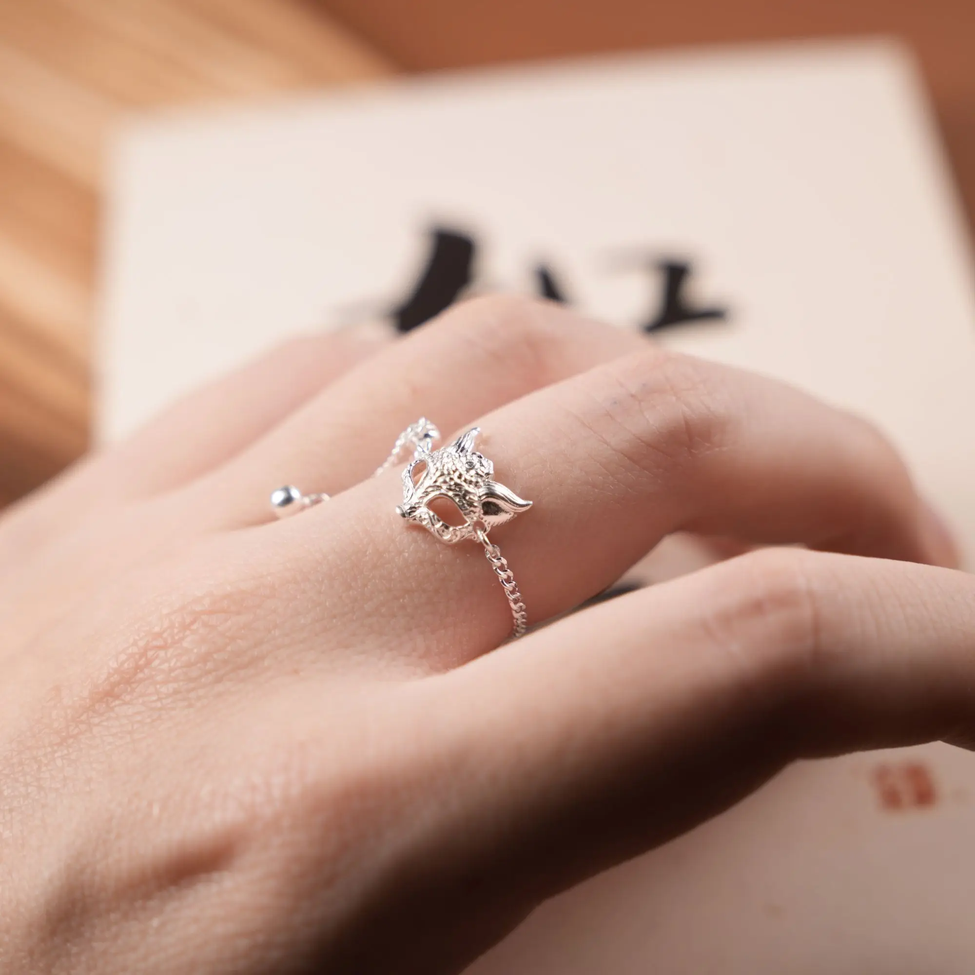 Chinese Style  Sterling Silver Lucky Auspicious Fox Mask Adjustable Tassel Ring Good Fortune Blessing Jewelry For Girlfriend