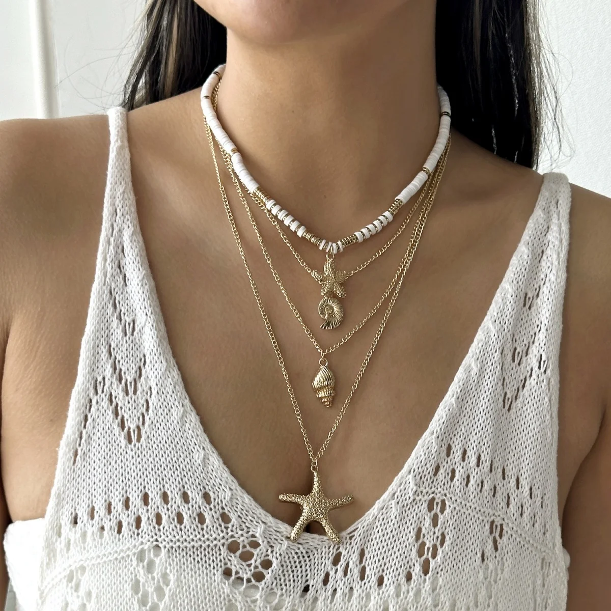Mehrlagige Halskette mit imitierten Perlen, Herzanhänger aus weichem Ton, Muschel- und Seesternanhänger für Damen und Herren, Sommer-Muschel-Choker, Schmuckgeschenk – Detail 9