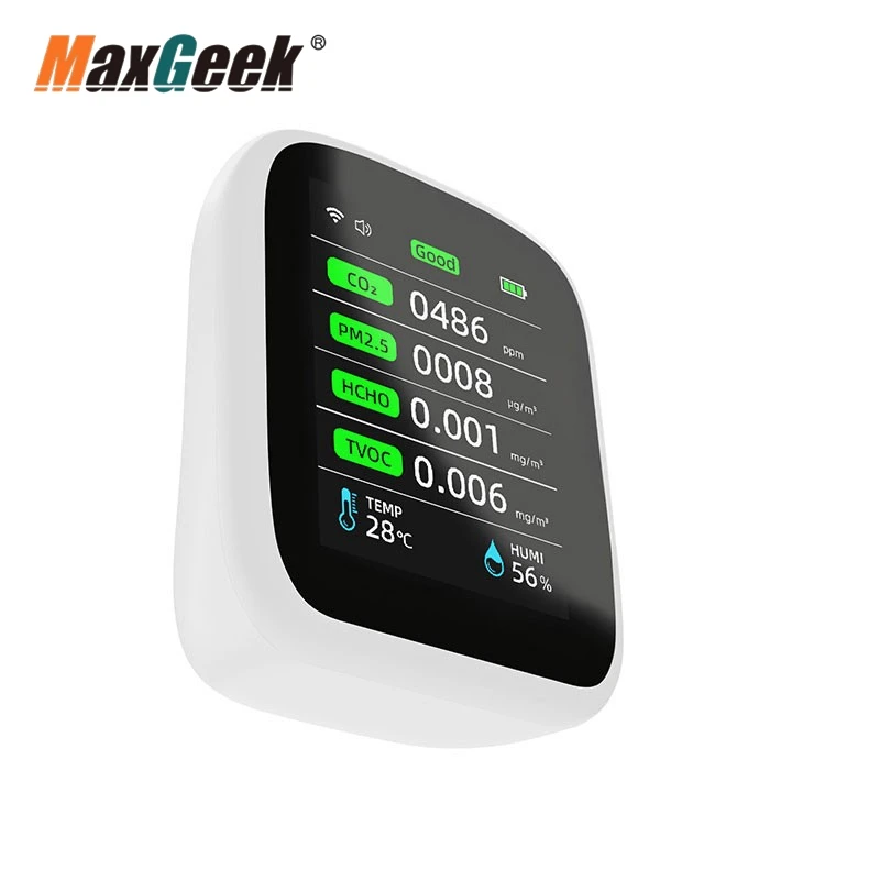 Maxgeek PV28-CW 8-in-1 Air Quality Monitor Detector for CO2 PM1.0/PM2.5/PM10 HCHO TVOC Temperature Humidity
