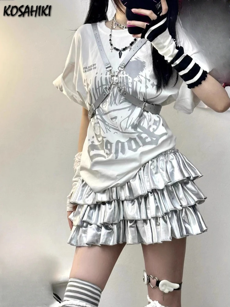 Y2k Aesthetic Silver Women Ruffled Skirts Harajuku Ball Gown High Waist Streetwear Mini Skirt Spring Sweet Vintage Cake Faldas