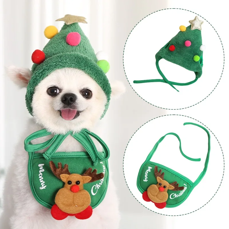 Dog Cat Christmas Hat Bib Costumes Santa Reindeer Winter Cute Cosplay Dress Up Clothes for Teddy Chihuahua Corgi Pet Supplies