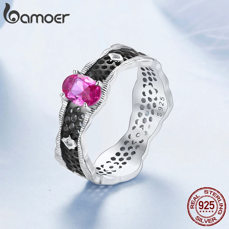 

Bamoer Original 925 Sterling Silver Lace Ring Vintage Pink zircon White Gold Trendy For Women Party Gift Wedding Fine Jewelry
