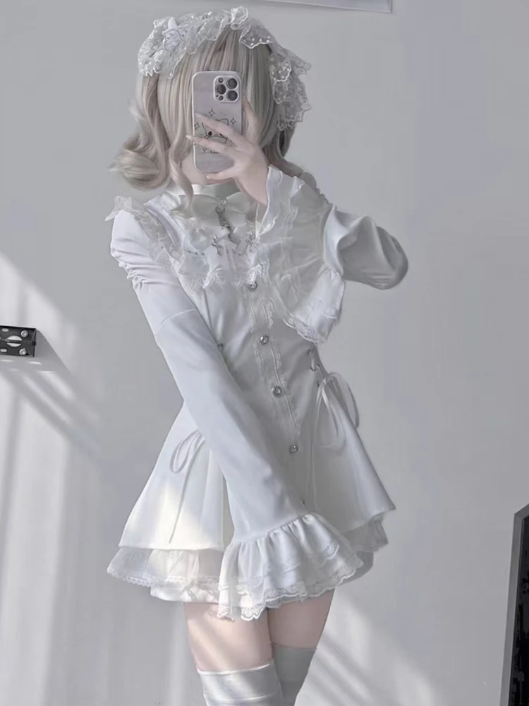 Gothic Vintage Hot Girl Slim Patchwork Dress Women High Street Lace Skinny Long Sleeve Dresses France Sweet White Clothing New - Image 6