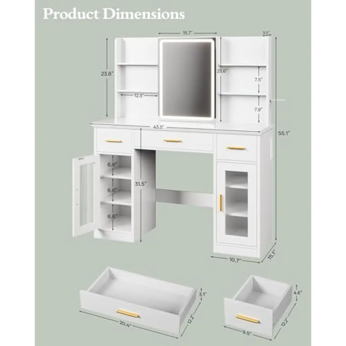 43.5-inch white engineered wood vanity desk featuring adjustable LED mirror with cool natural warm lighting modes sliding mirror
