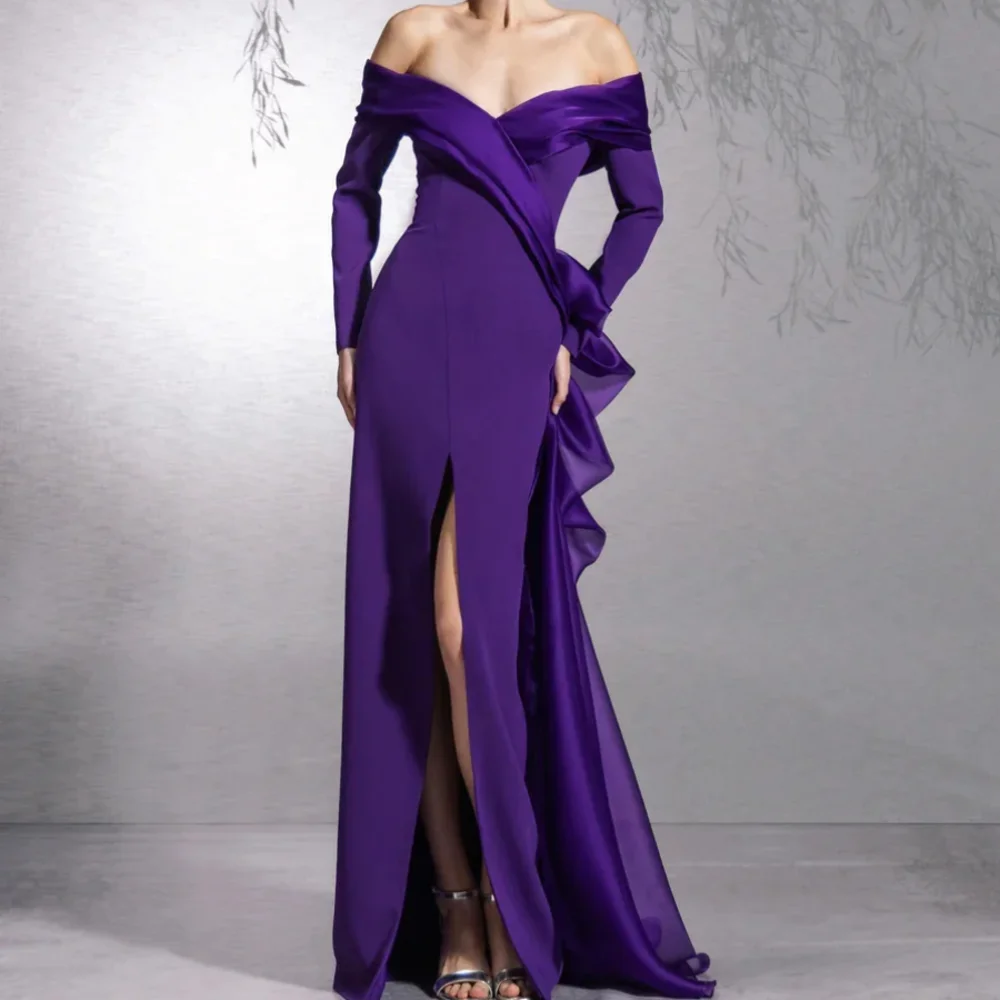 

Vintage Long Purple Off the Shoulder Spandex Evening Dresses Full Sleeves with Slit Mermaid Sweep Train Robe Soirée