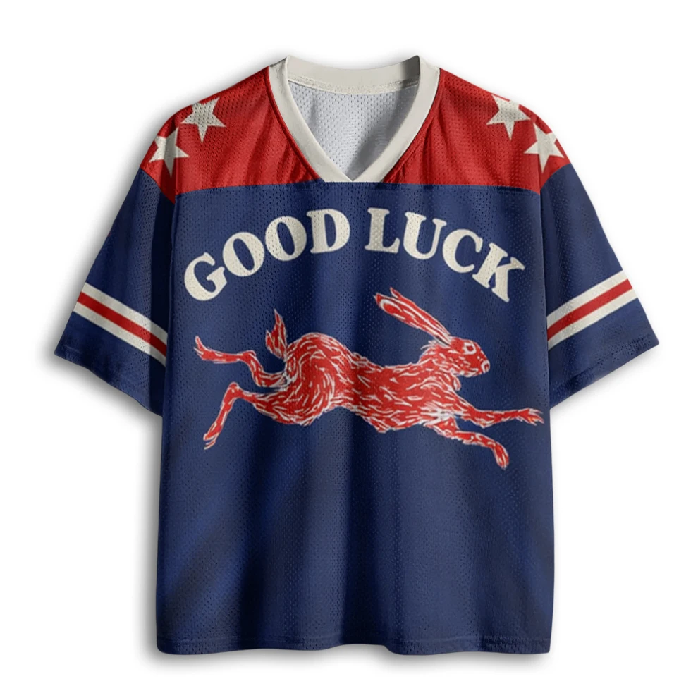 Vintage Good Luck Running Hare Retro Print Red Navy Star Color Block Mesh V Neck Loose Football Jersey T-shirt